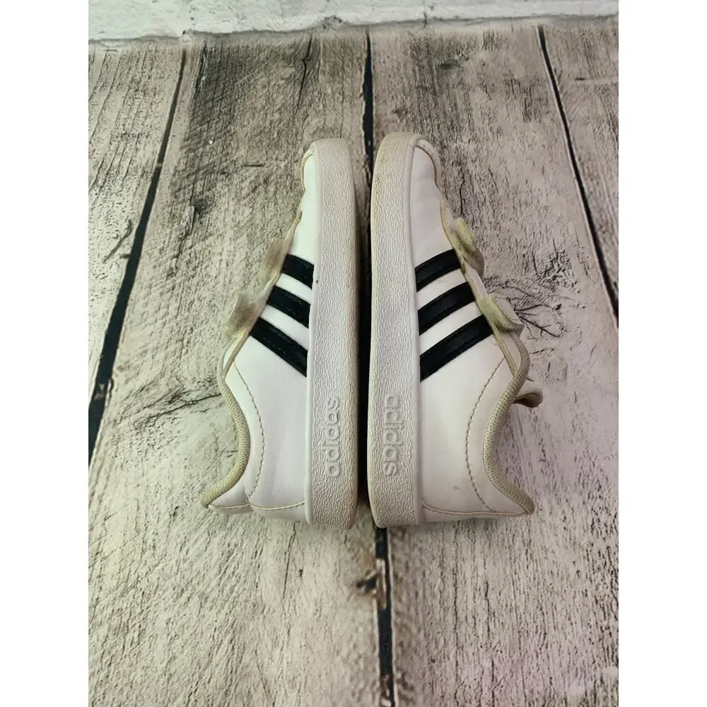ADIDAS Girl's Court Shoes White with Black Stripes / Size: 10K